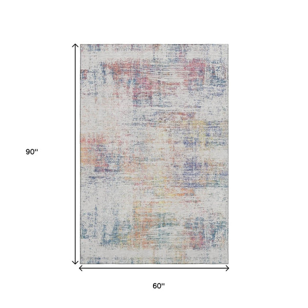 HomeRoots 5' X 8' Abstract Ivory Blue Gold Area Rug - Washable, Stain-Resistant & UV Protected for Homes 667098