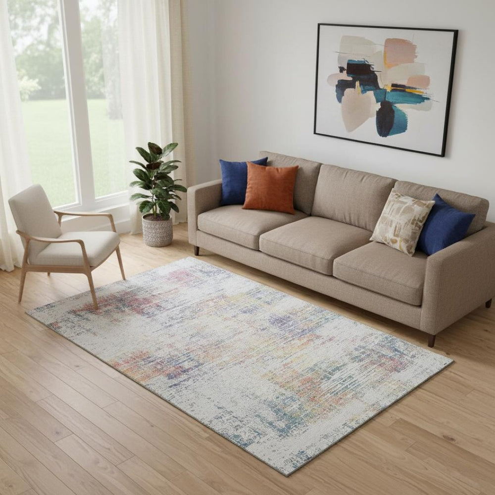 HomeRoots 5' X 8' Abstract Ivory Blue Gold Area Rug - Washable, Stain-Resistant & UV Protected for Homes 667098