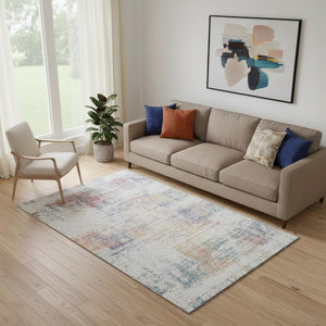 HomeRoots 5' X 8' Abstract Ivory Blue Gold Area Rug - Washable, Stain-Resistant & UV Protected for Homes 667098