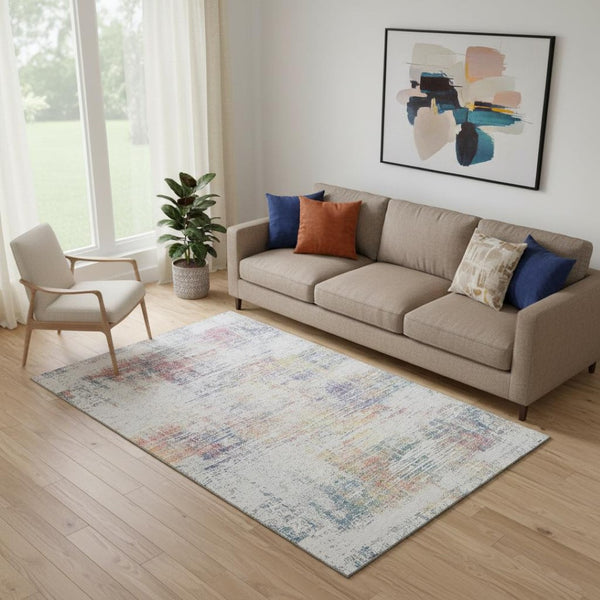 HomeRoots 5' X 8' Abstract Ivory Blue Gold Area Rug - Washable, Stain-Resistant & UV Protected for Homes 667098