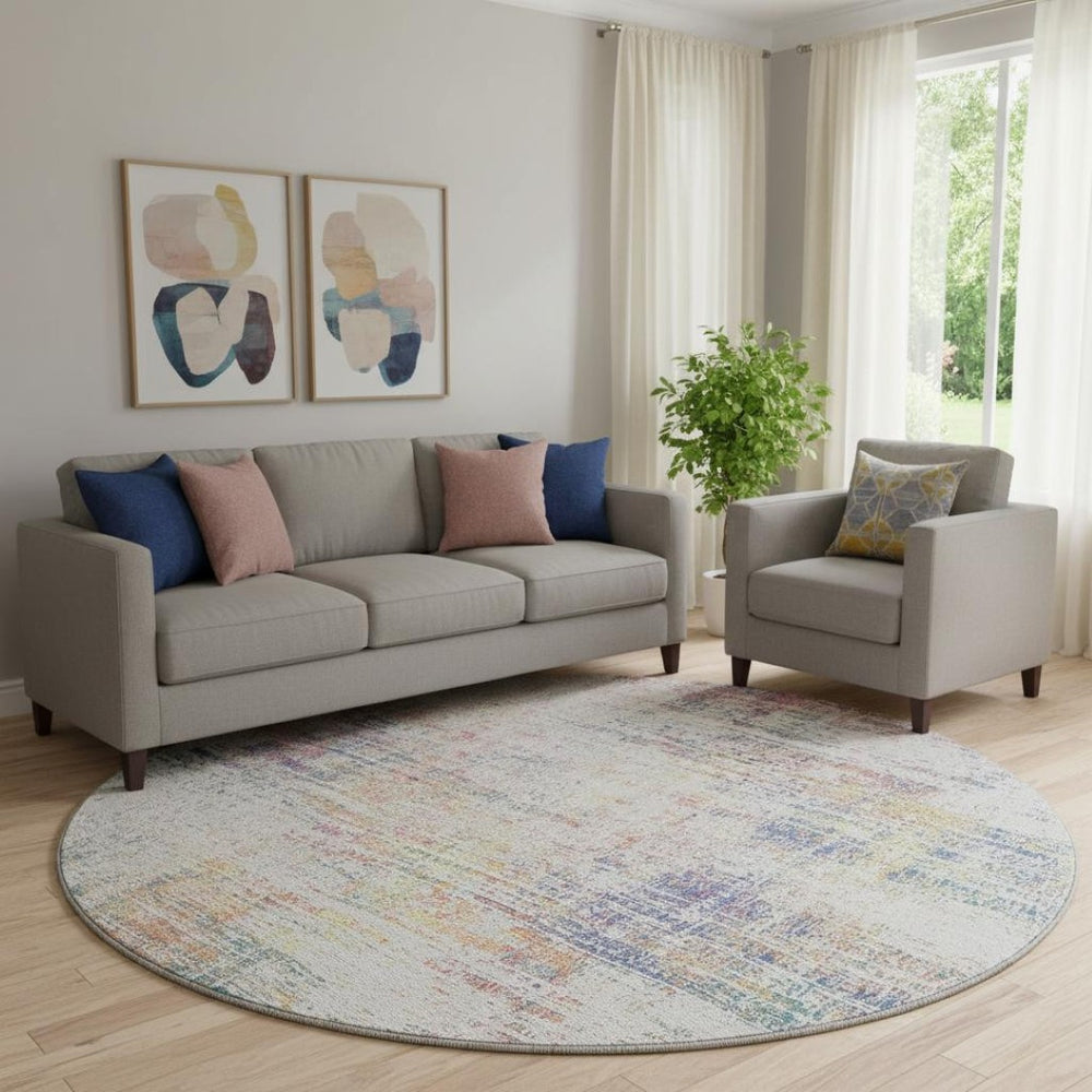 HomeRoots 8' Ivory Blue and Gold Abstract Round Rug - Washable with UV Protection for Stylish, Durable Living Spaces 667099