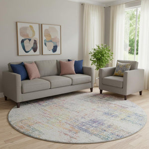HomeRoots 8' Ivory Blue and Gold Abstract Round Rug - Washable with UV Protection for Stylish, Durable Living Spaces 667099