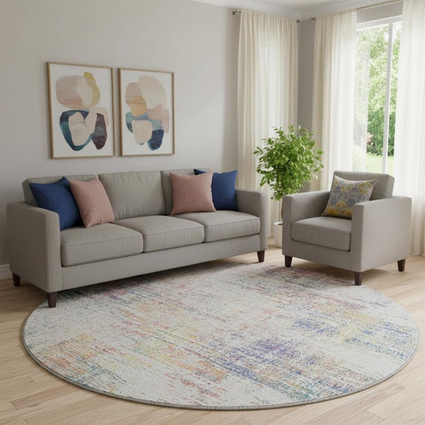 HomeRoots 8' Ivory Blue and Gold Abstract Round Rug - Washable with UV Protection for Stylish, Durable Living Spaces 667099