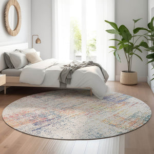 HomeRoots 8' Ivory Blue and Gold Abstract Round Rug - Washable with UV Protection for Stylish, Durable Living Spaces 667099
