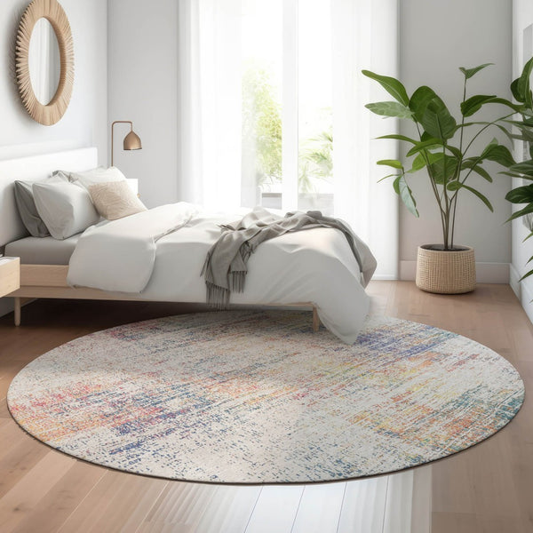 HomeRoots 8' Ivory Blue and Gold Abstract Round Rug - Washable with UV Protection for Stylish, Durable Living Spaces 667099