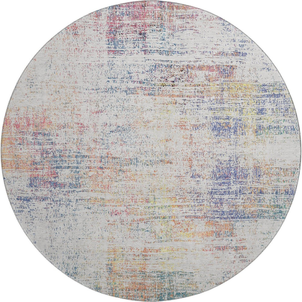 HomeRoots 8' Ivory Blue and Gold Abstract Round Rug - Washable with UV Protection for Stylish, Durable Living Spaces 667099