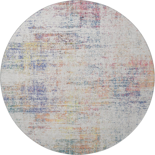 HomeRoots 8' Ivory Blue and Gold Abstract Round Rug - Washable with UV Protection for Stylish, Durable Living Spaces 667099