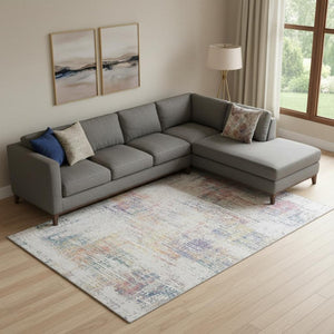 HomeRoots 8' X 10' Stylish Ivory Blue and Gold Abstract Washable Area Rug with UV Protection for High-Traffic Spaces 667100