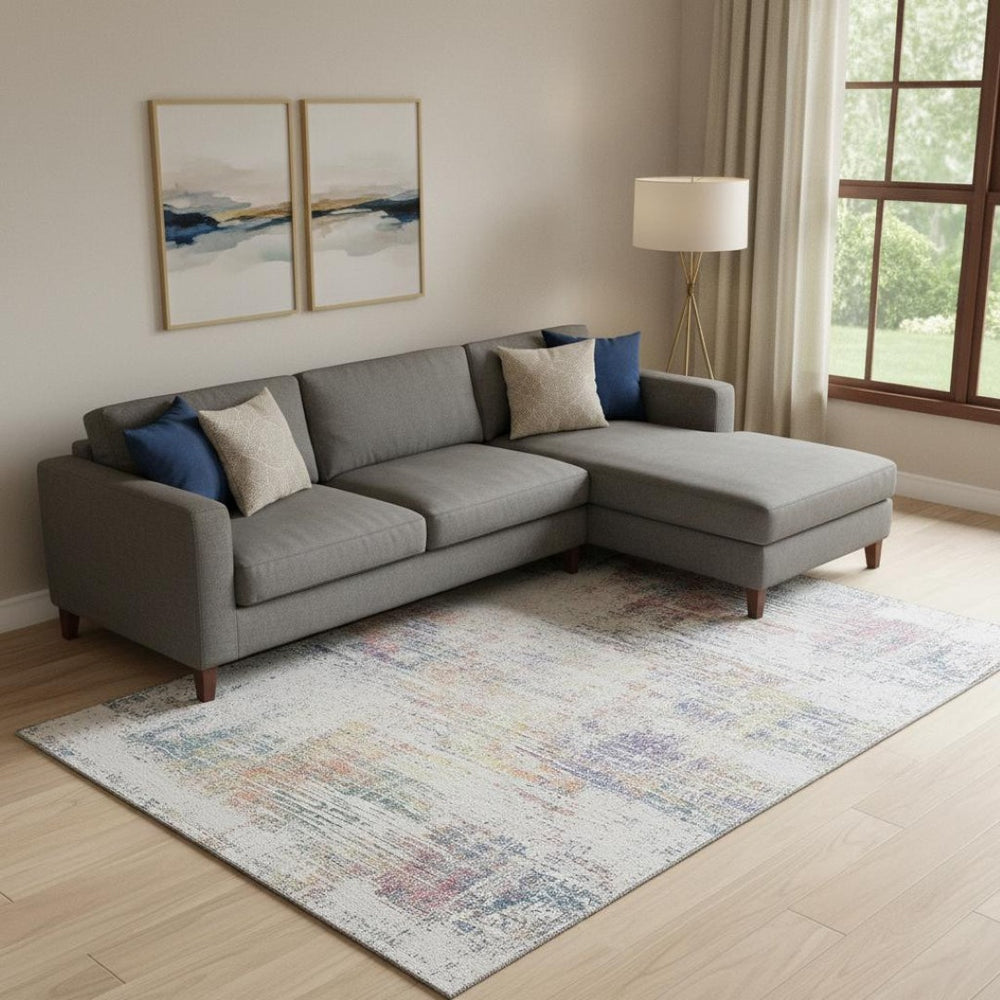 HomeRoots 9' X 12' Ivory Blue Gold Abstract Area Rug - Durable, Washable, UV-Protected, Perfect for High-Traffic Areas 667101
