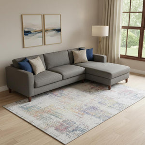 HomeRoots 9' X 12' Ivory Blue Gold Abstract Area Rug - Durable, Washable, UV-Protected, Perfect for High-Traffic Areas 667101