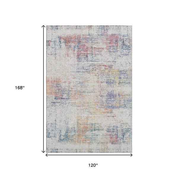 HomeRoots 10' X 14' Ivory Blue Gold Abstract Area Rug – Washable, Stain-Resistant, UV-Protected for Modern Homes 667102