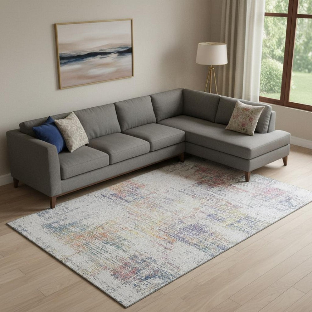 HomeRoots 10' X 14' Ivory Blue Gold Abstract Area Rug – Washable, Stain-Resistant, UV-Protected for Modern Homes 667102