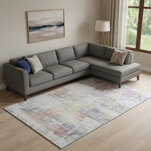 HomeRoots 10' X 14' Ivory Blue Gold Abstract Area Rug – Washable, Stain-Resistant, UV-Protected for Modern Homes 667102
