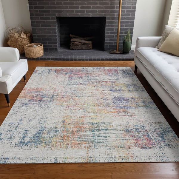 HomeRoots 10' X 14' Ivory Blue Gold Abstract Area Rug – Washable, Stain-Resistant, UV-Protected for Modern Homes 667102