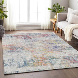HomeRoots 10' X 14' Ivory Blue Gold Abstract Area Rug – Washable, Stain-Resistant, UV-Protected for Modern Homes 667102