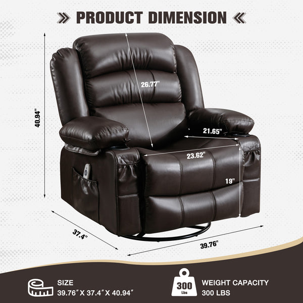 English Elm Massage Swivel Rocker Recliner with Heat Vibration, 360° Rotate, 155° Recline, USB Port, Brown W1521130741