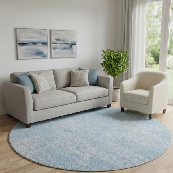 HomeRoots 8' Blue And Ivory Abstract Round Rug – Washable, UV Protected, Durable Design for High-Traffic Areas 667117
