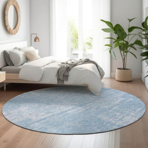 HomeRoots 8' Blue And Ivory Abstract Round Rug – Washable, UV Protected, Durable Design for High-Traffic Areas 667117