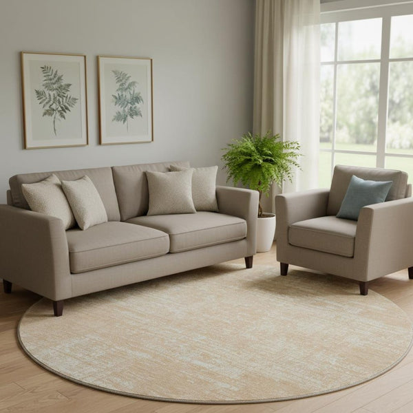 HomeRoots 8' Coral and Ivory Round Rug - Stylish Abstract Design with UV Protection, Stain-Resistant, Washable! 667123