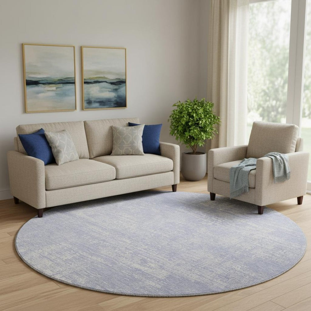 HomeRoots 8' Contemporary Lavender and Ivory Abstract Washable Round Rug - Stylish, Durable, UV Protected Design! 667129