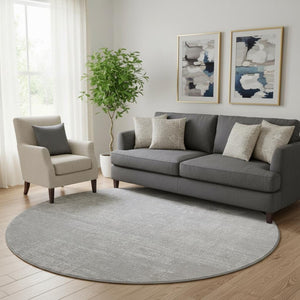 HomeRoots 8' Modern Abstract Washable Round Rug in Silver & Gray - Durable, UV Protected, Easy-Care Design 667141