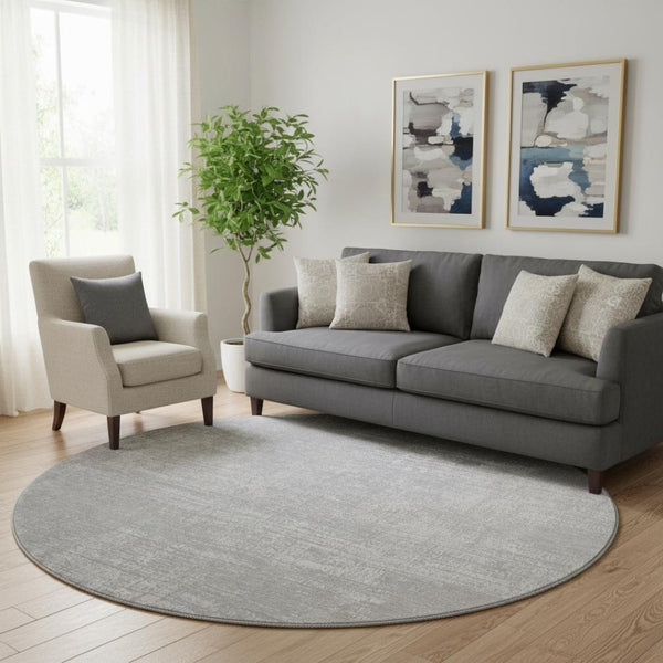 HomeRoots 8' Modern Abstract Washable Round Rug in Silver & Gray - Durable, UV Protected, Easy-Care Design 667141
