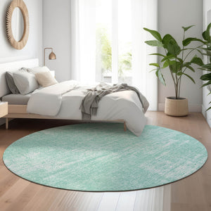 HomeRoots 8' Turquoise and Ivory Abstract Washable Round Rug - UV Protected, Stain Resistant, Stylish Home Decor 667147