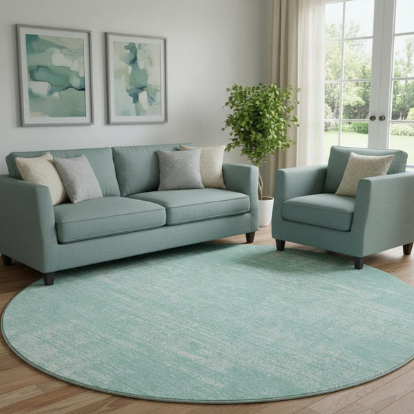 HomeRoots 8' Turquoise and Ivory Abstract Washable Round Rug - UV Protected, Stain Resistant, Stylish Home Decor 667147