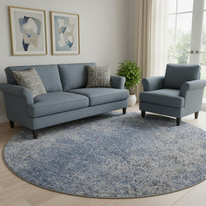 HomeRoots 8' Blue and Gray Abstract Washable Round Rug with UV Protection for Homes with Kids and Pets 667159