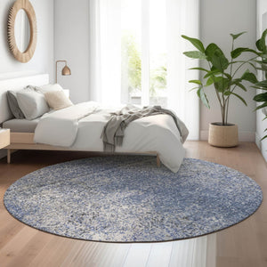 HomeRoots 8' Blue and Gray Abstract Washable Round Rug with UV Protection for Homes with Kids and Pets 667159