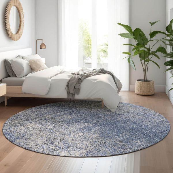 HomeRoots 8' Blue and Gray Abstract Washable Round Rug with UV Protection for Homes with Kids and Pets 667159