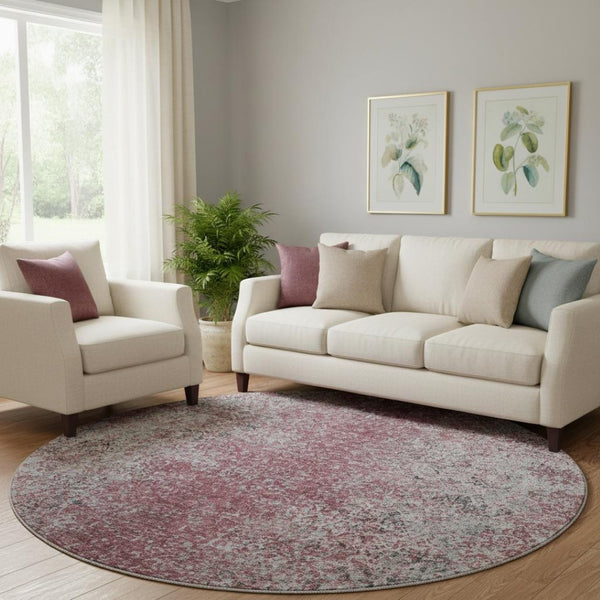 HomeRoots 8' Merlot and Gray Abstract Round Rug - Washable, UV Protected, Perfect for Modern Living Spaces 667177