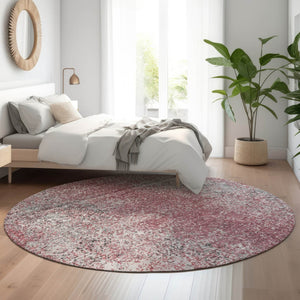HomeRoots 8' Merlot and Gray Abstract Round Rug - Washable, UV Protected, Perfect for Modern Living Spaces 667177