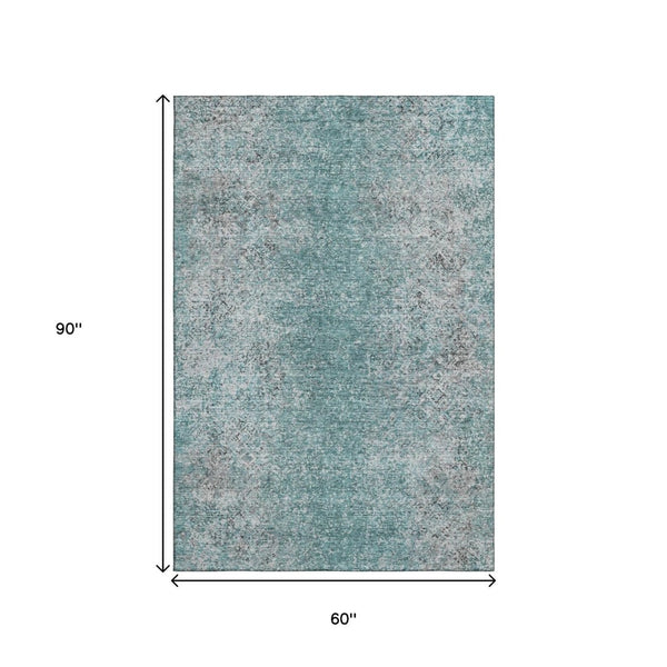 HomeRoots 5' X 8' Teal and Gray Washable Abstract Area Rug - Durable, Stain Resistant, UV Protected for Homes 667188