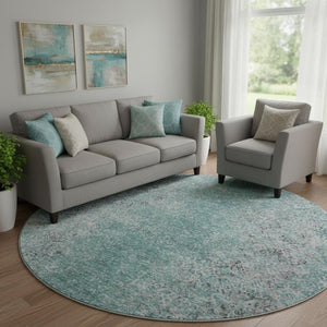 HomeRoots 8' Teal and Gray Abstract Washable Round Rug - Durable, Stain-Resistant, UV Protected for High Traffic Areas 667189