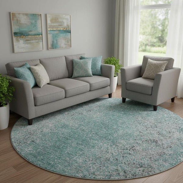 HomeRoots 8' Teal and Gray Abstract Washable Round Rug - Durable, Stain-Resistant, UV Protected for High Traffic Areas 667189
