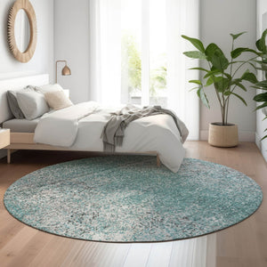 HomeRoots 8' Teal and Gray Abstract Washable Round Rug - Durable, Stain-Resistant, UV Protected for High Traffic Areas 667189
