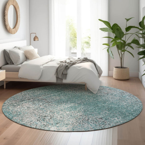 HomeRoots 8' Teal and Gray Abstract Washable Round Rug - Durable, Stain-Resistant, UV Protected for High Traffic Areas 667189