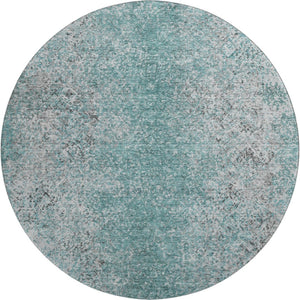 HomeRoots 8' Teal and Gray Abstract Washable Round Rug - Durable, Stain-Resistant, UV Protected for High Traffic Areas 667189