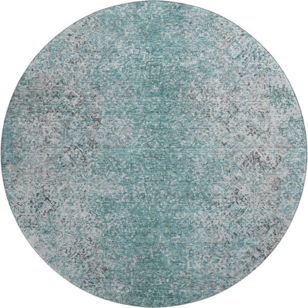 HomeRoots 8' Teal and Gray Abstract Washable Round Rug - Durable, Stain-Resistant, UV Protected for High Traffic Areas 667189