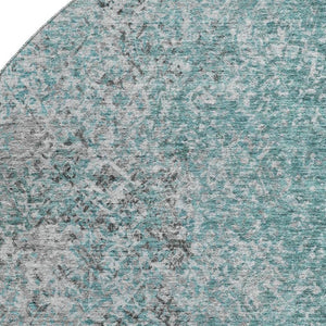 HomeRoots 8' Teal and Gray Abstract Washable Round Rug - Durable, Stain-Resistant, UV Protected for High Traffic Areas 667189