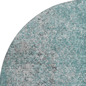 HomeRoots 8' Teal and Gray Abstract Washable Round Rug - Durable, Stain-Resistant, UV Protected for High Traffic Areas 667189