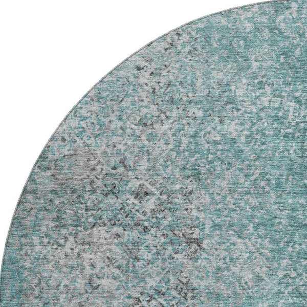 HomeRoots 8' Teal and Gray Abstract Washable Round Rug - Durable, Stain-Resistant, UV Protected for High Traffic Areas 667189