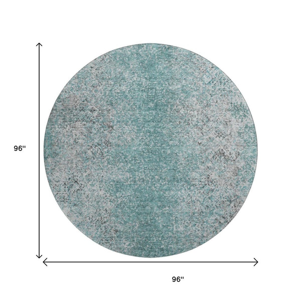 HomeRoots 8' Teal and Gray Abstract Washable Round Rug - Durable, Stain-Resistant, UV Protected for High Traffic Areas 667189