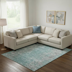 HomeRoots 10' X 14' Teal & Gray Abstract Area Rug - Soft, Stain-Resistant, UV Protected, Modern Design for Homes 667192