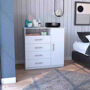 English Elm 4 Drawer Dresser with Open Shelf and Single Door Cabinet, Engineered Wood, Spacious Storage Appeal White 37 L x 20 W x 5 H B097S00108