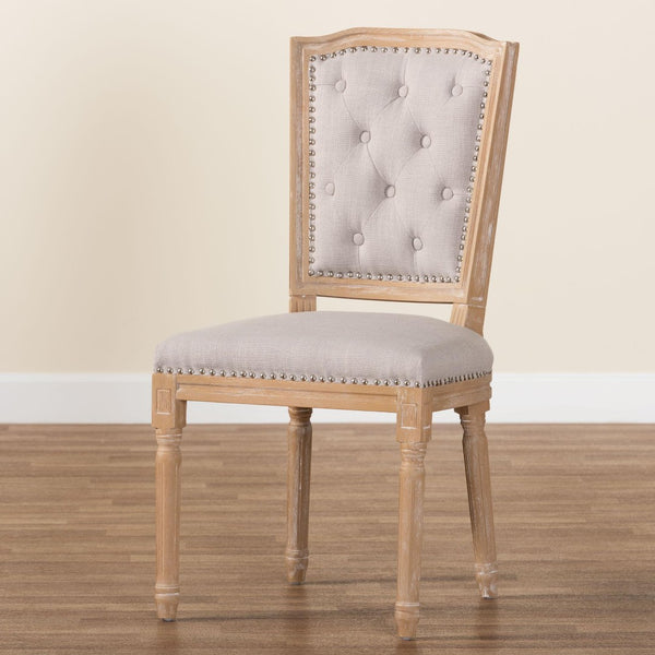 Baxton Studio Baxton Estelle Chic Rustic Dining Chair - Beige Upholstered Button-Tufted Oak Frame for Elegance TSF-9341