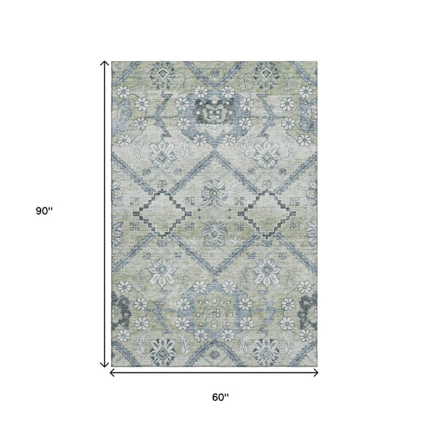 HomeRoots 5' X 8' Artichoke Green Floral Area Rug - Durable, Washable, UV-Protected for Timeless Elegance 667200