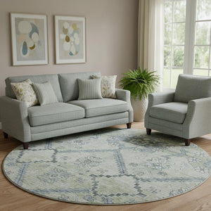 HomeRoots 8' Artichoke Green and Gray Floral Washable Round Rug - Durable, Stain-Resistant, UV Protected Style! 667201