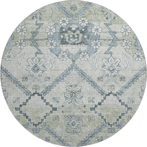 HomeRoots 8' Artichoke Green and Gray Floral Washable Round Rug - Durable, Stain-Resistant, UV Protected Style! 667201